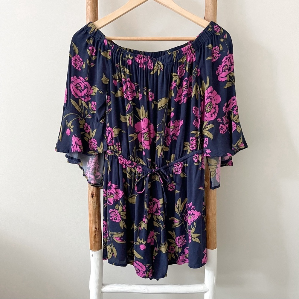 [express] floral off the shoulder flared flowy sleeve romper navy pink green SP
